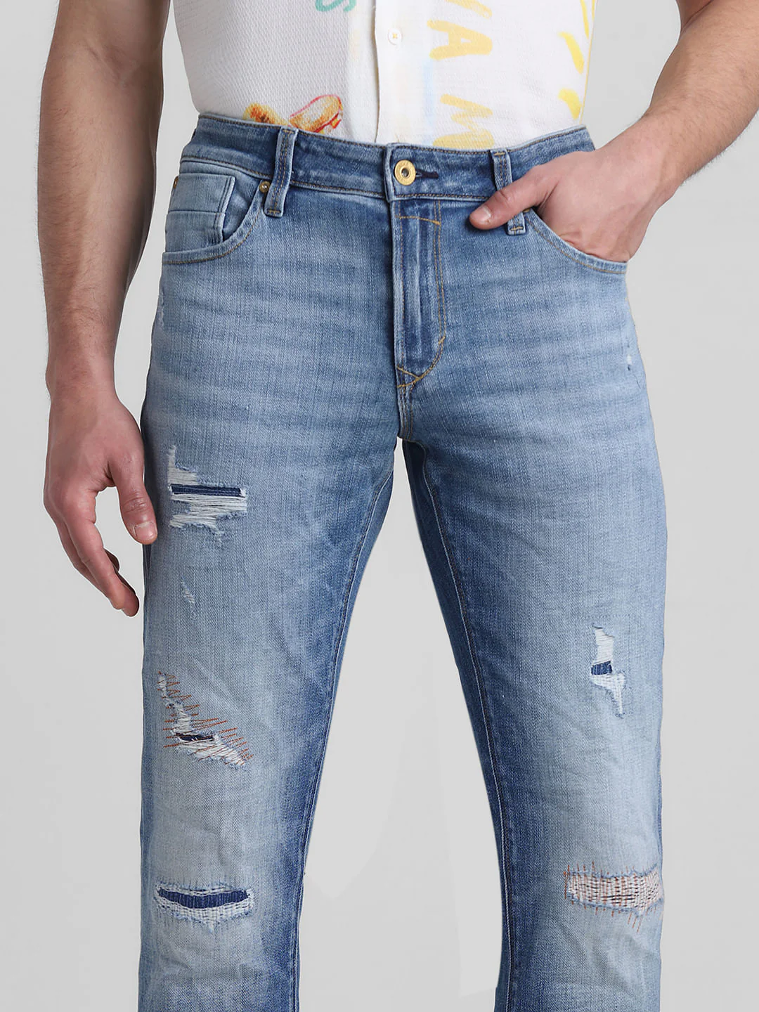 Light Blue Distressed Glenn Slim Fit Jeans - Image 4