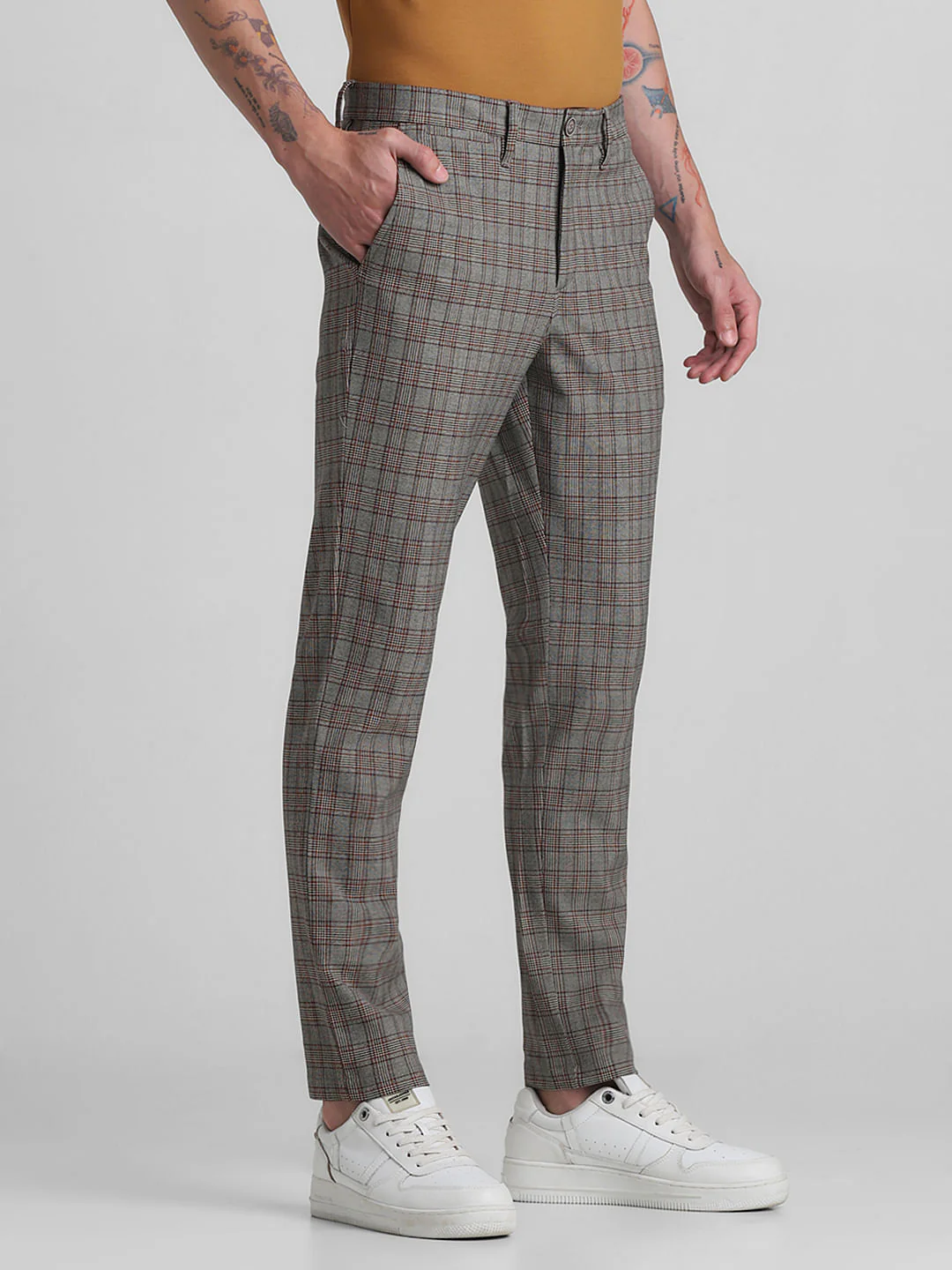 Brown Mid Rise Check Pants - Image 2