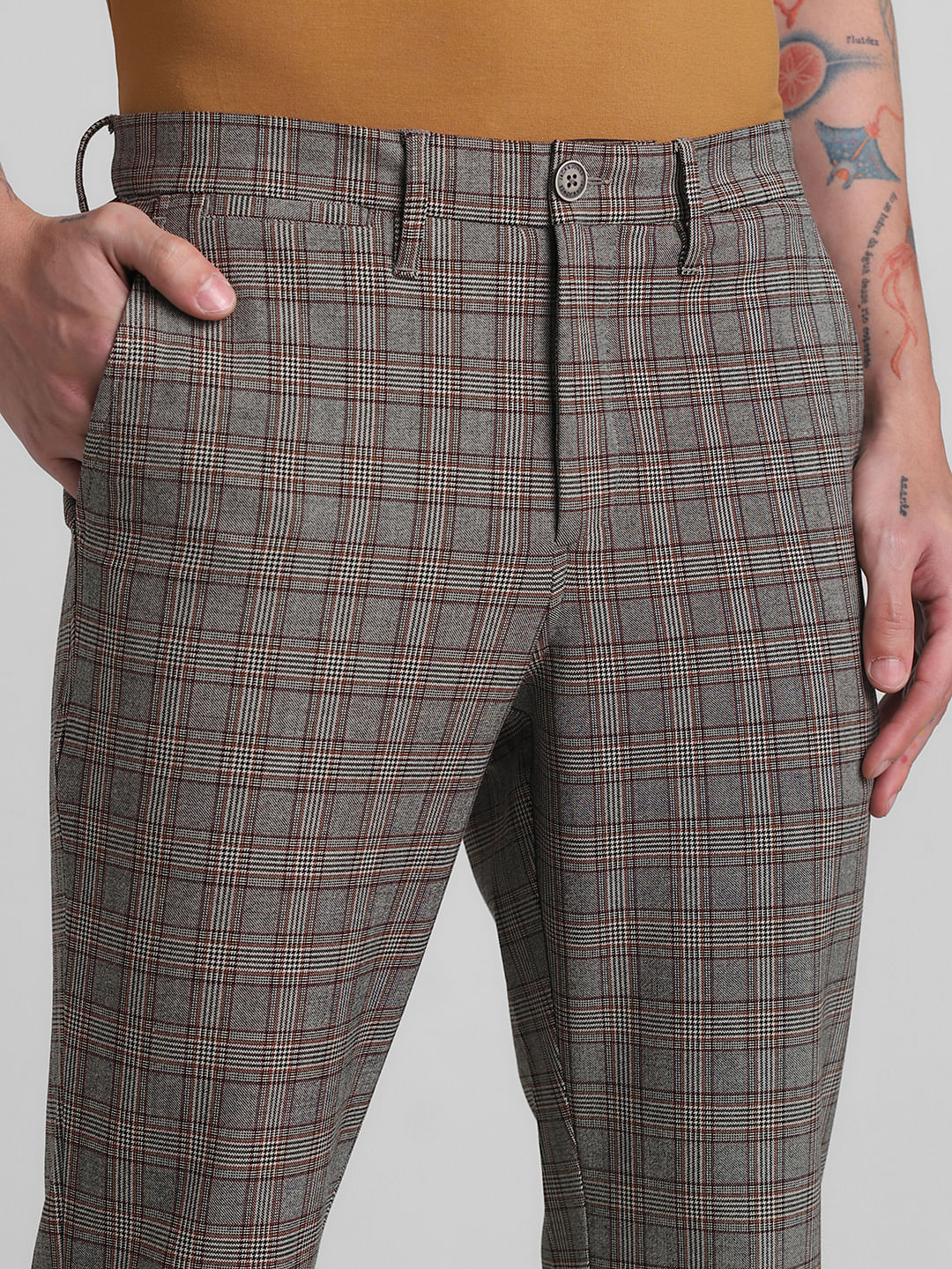 Brown Mid Rise Check Pants - Image 4