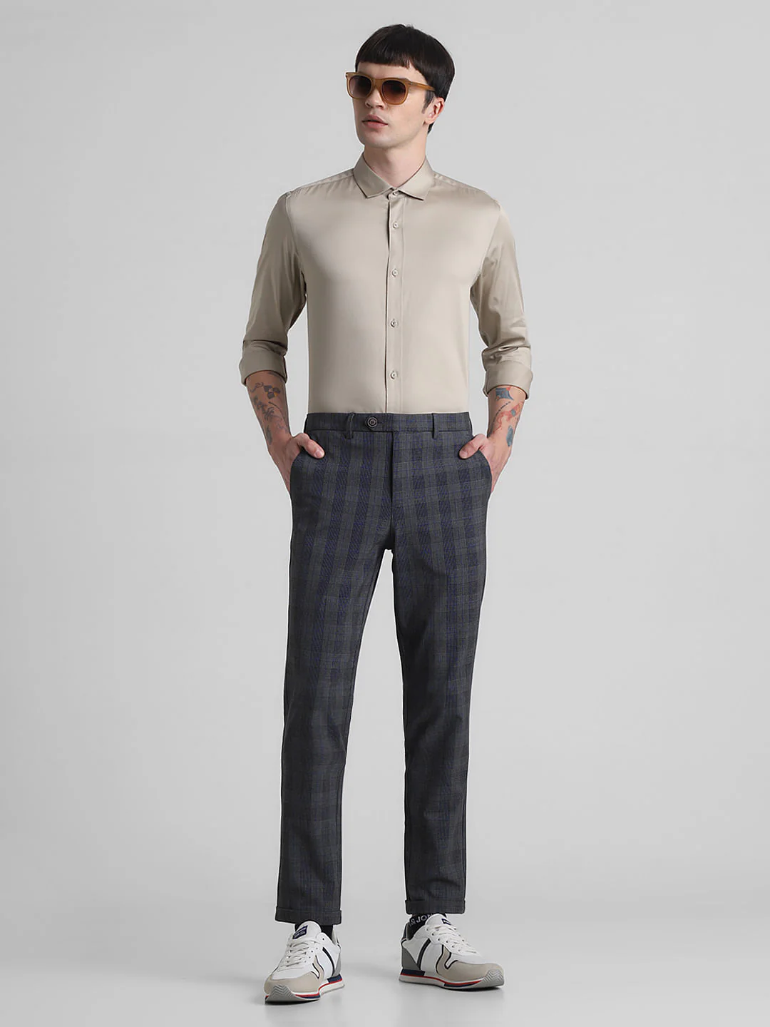 Dark Grey Mid Rise Check Print Pants - Image 5
