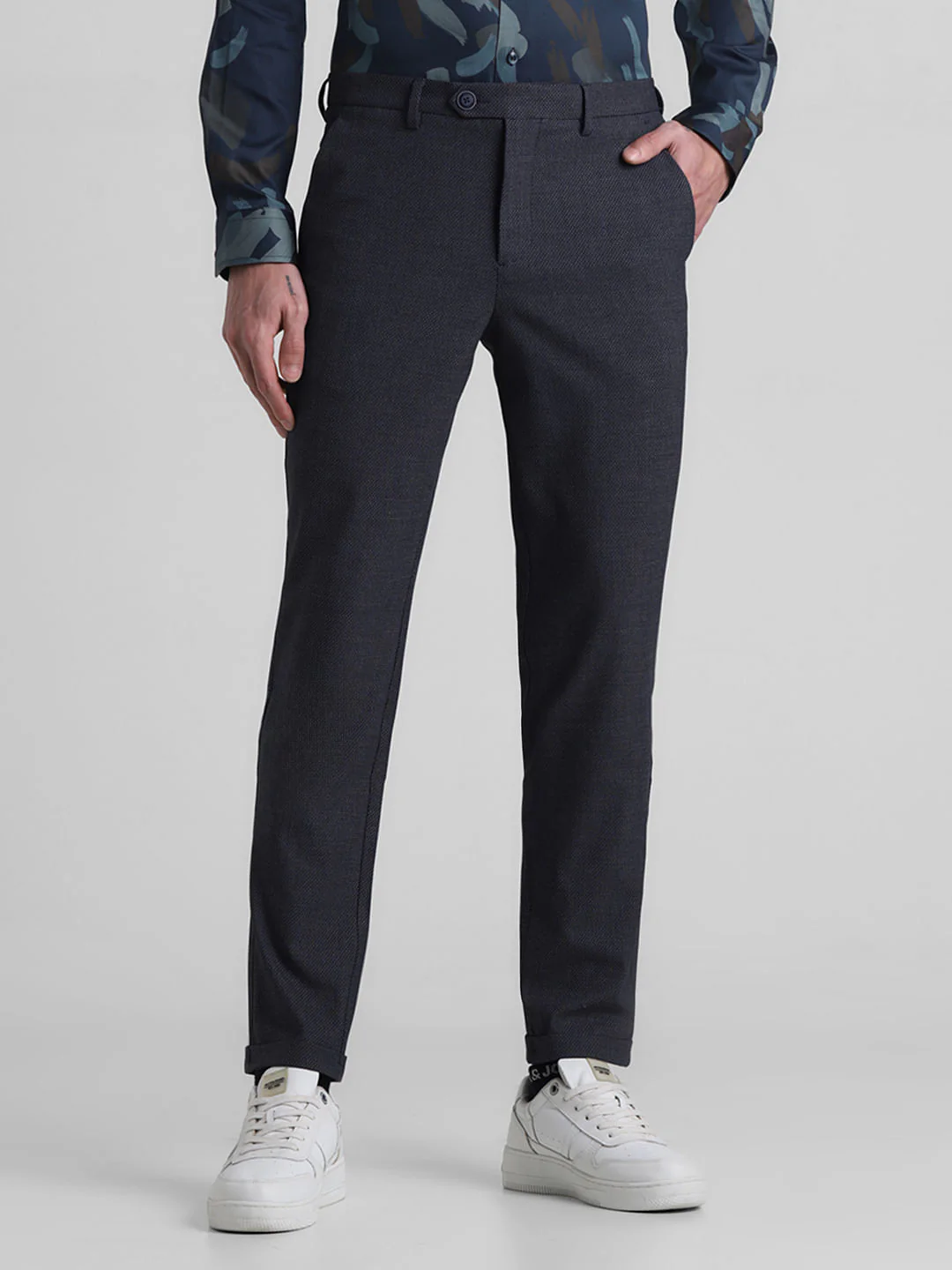 Navy Blue Mid Rise Check Print Pants