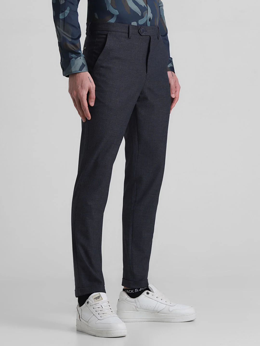 Navy Blue Mid Rise Check Print Pants - Image 2