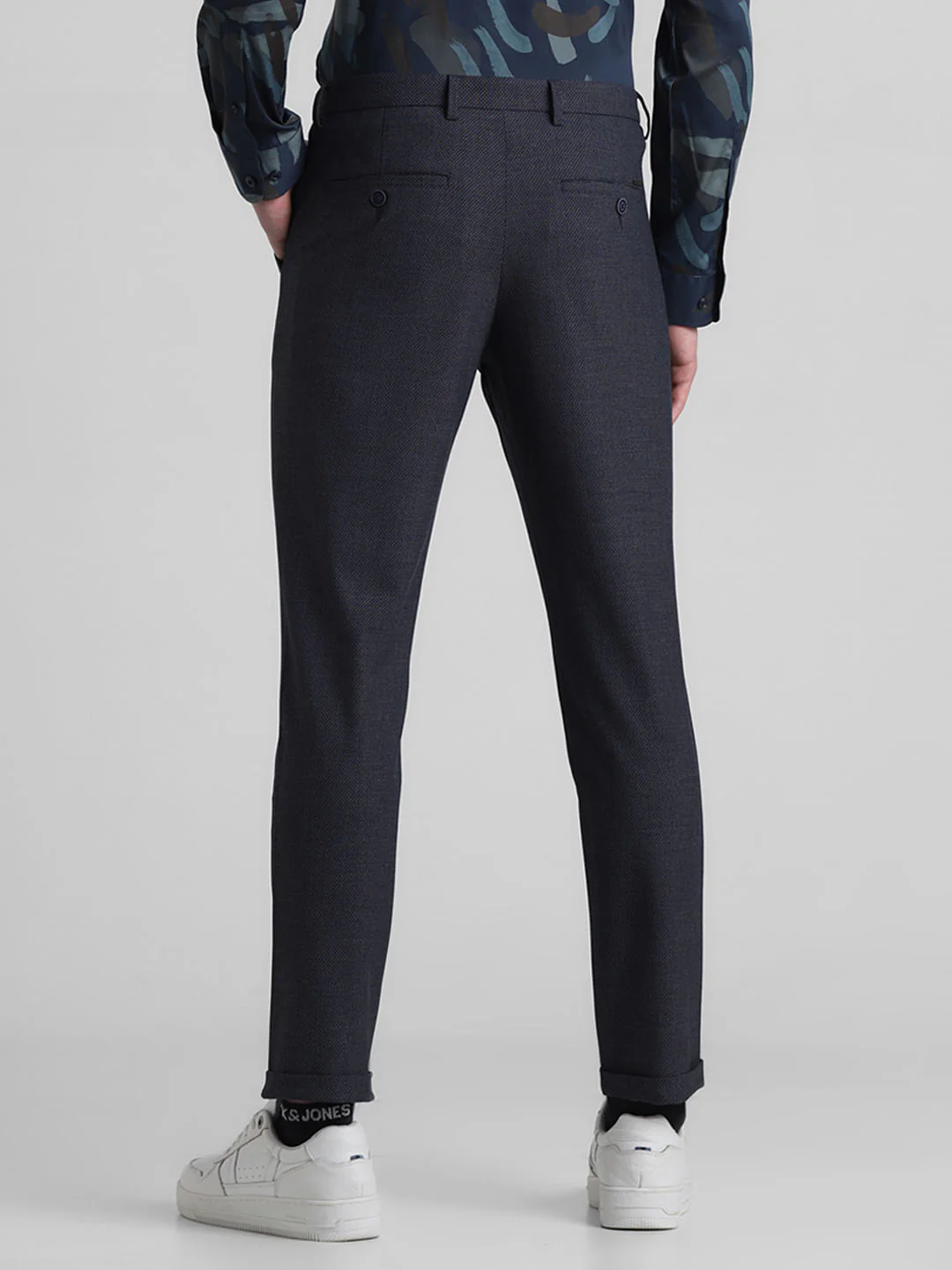 Navy Blue Mid Rise Check Print Pants - Image 3