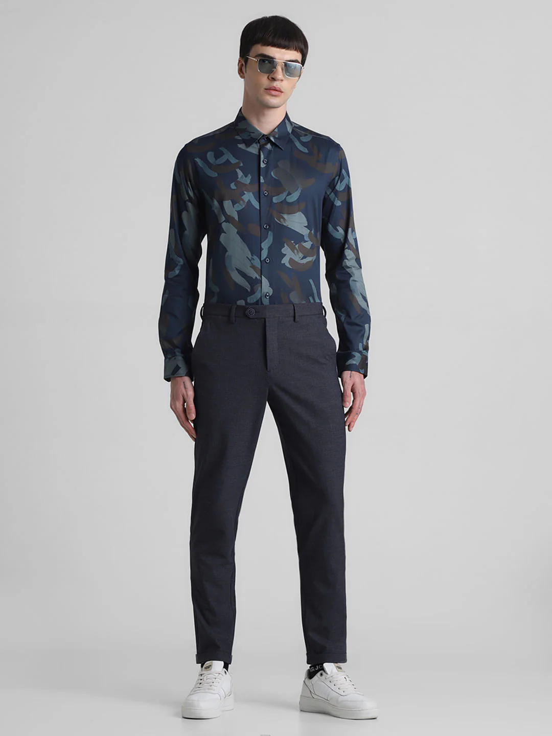 Navy Blue Mid Rise Check Print Pants - Image 5