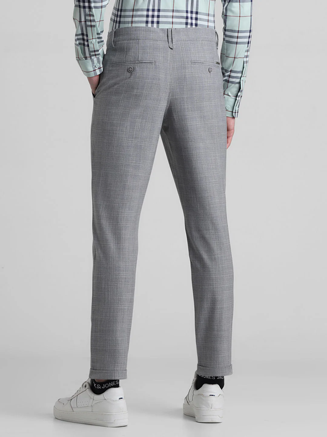 Grey Mid Rise Check Print Pants - Image 3