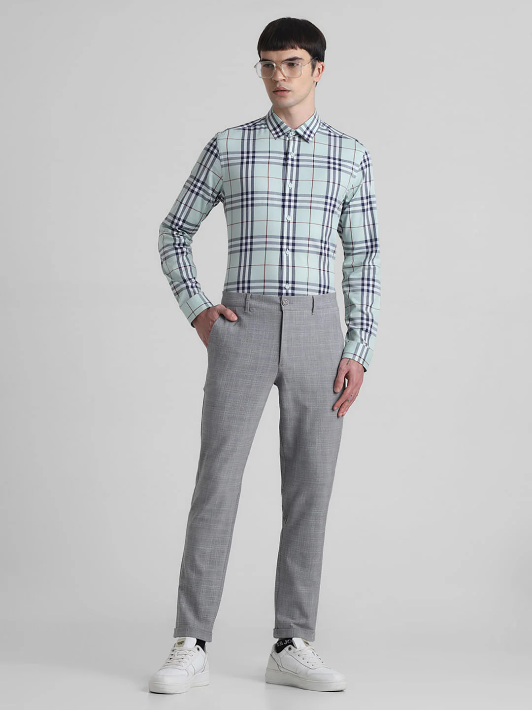 Grey Mid Rise Check Print Pants - Image 5