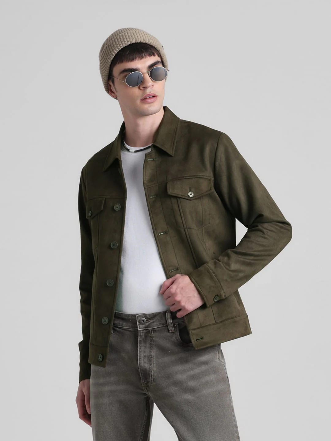 Olive Regular Fit Suede Jacket
