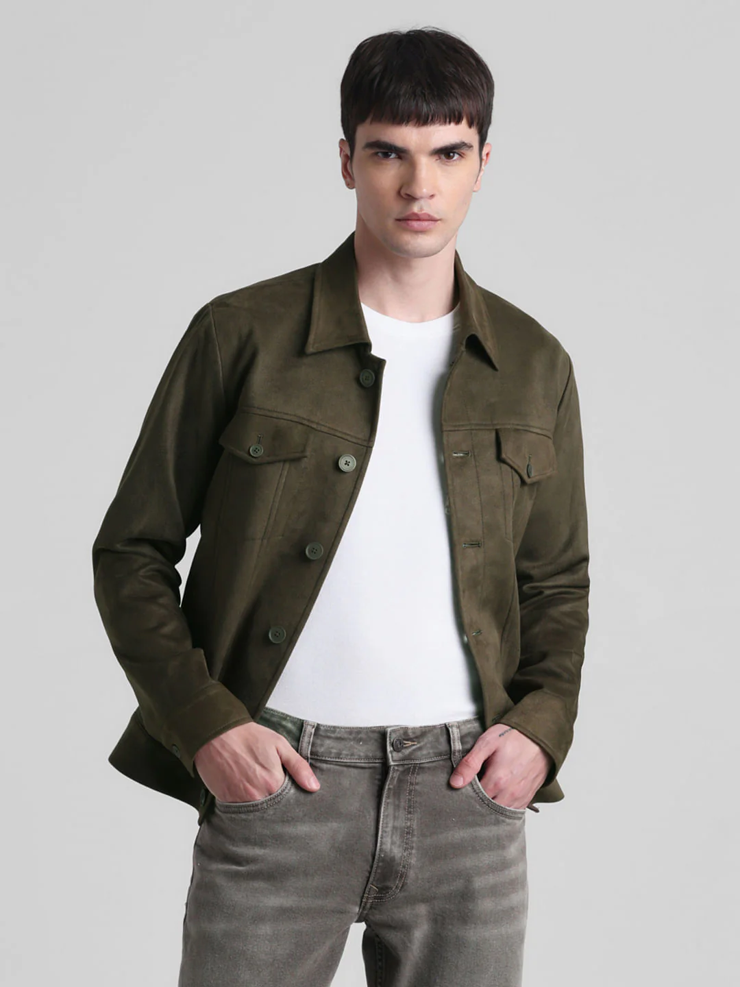 Olive Regular Fit Suede Jacket - Image 2