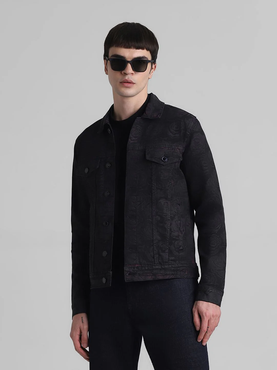 Black Floral Print Denim Jacket