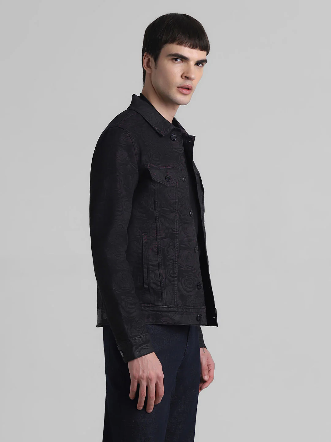 Black Floral Print Denim Jacket - Image 3