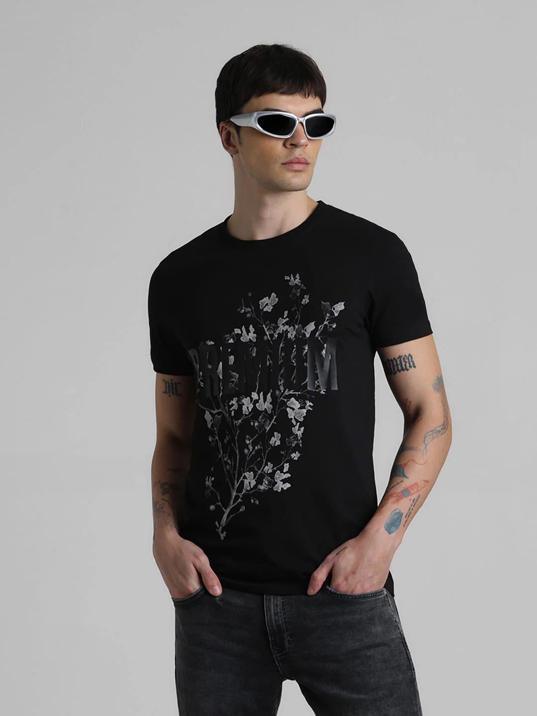 Black Typographic Print Crew Neck T-shirt