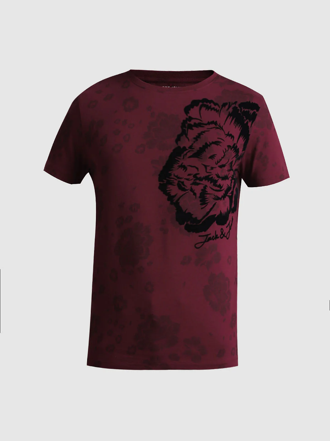 Maroon Floral Print Crew Neck T-shirt - Image 7