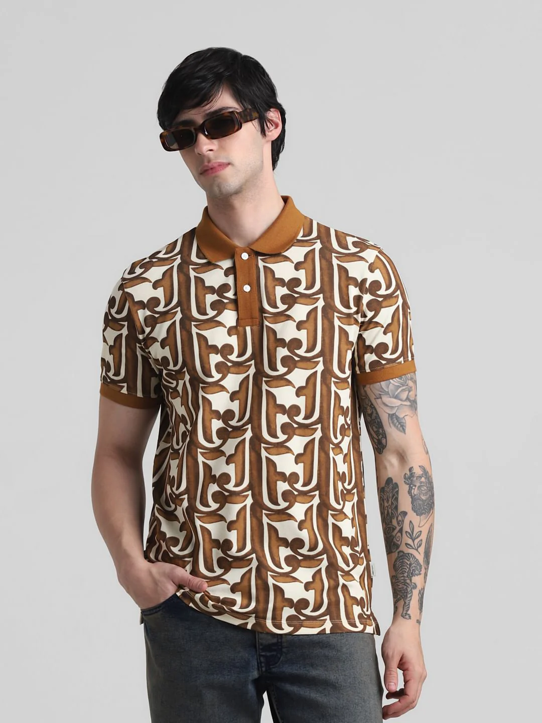Brown Baroque Print Polo T-shirt