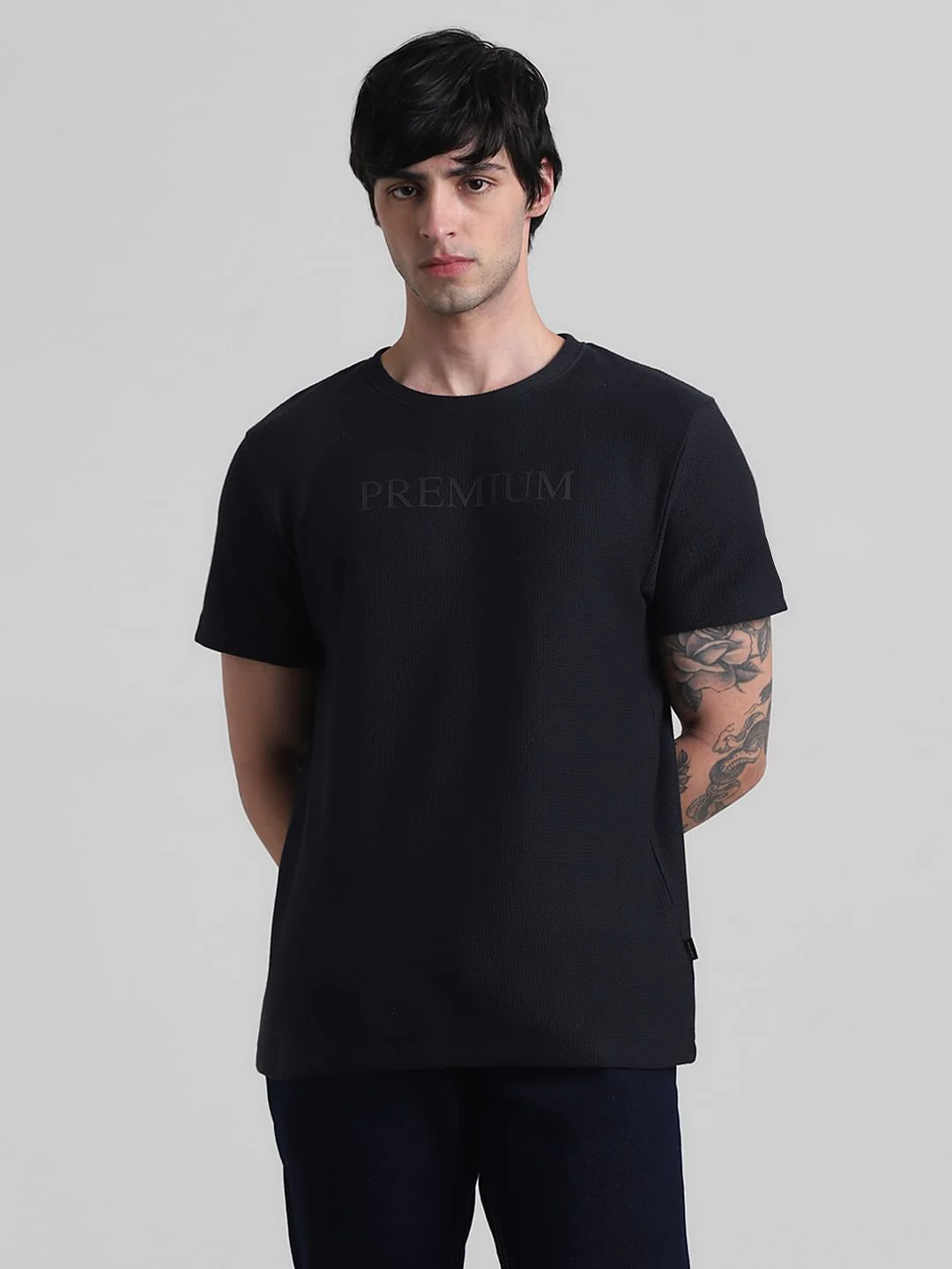 Navy Blue Text Print Crew Neck T-shirt - Image 2