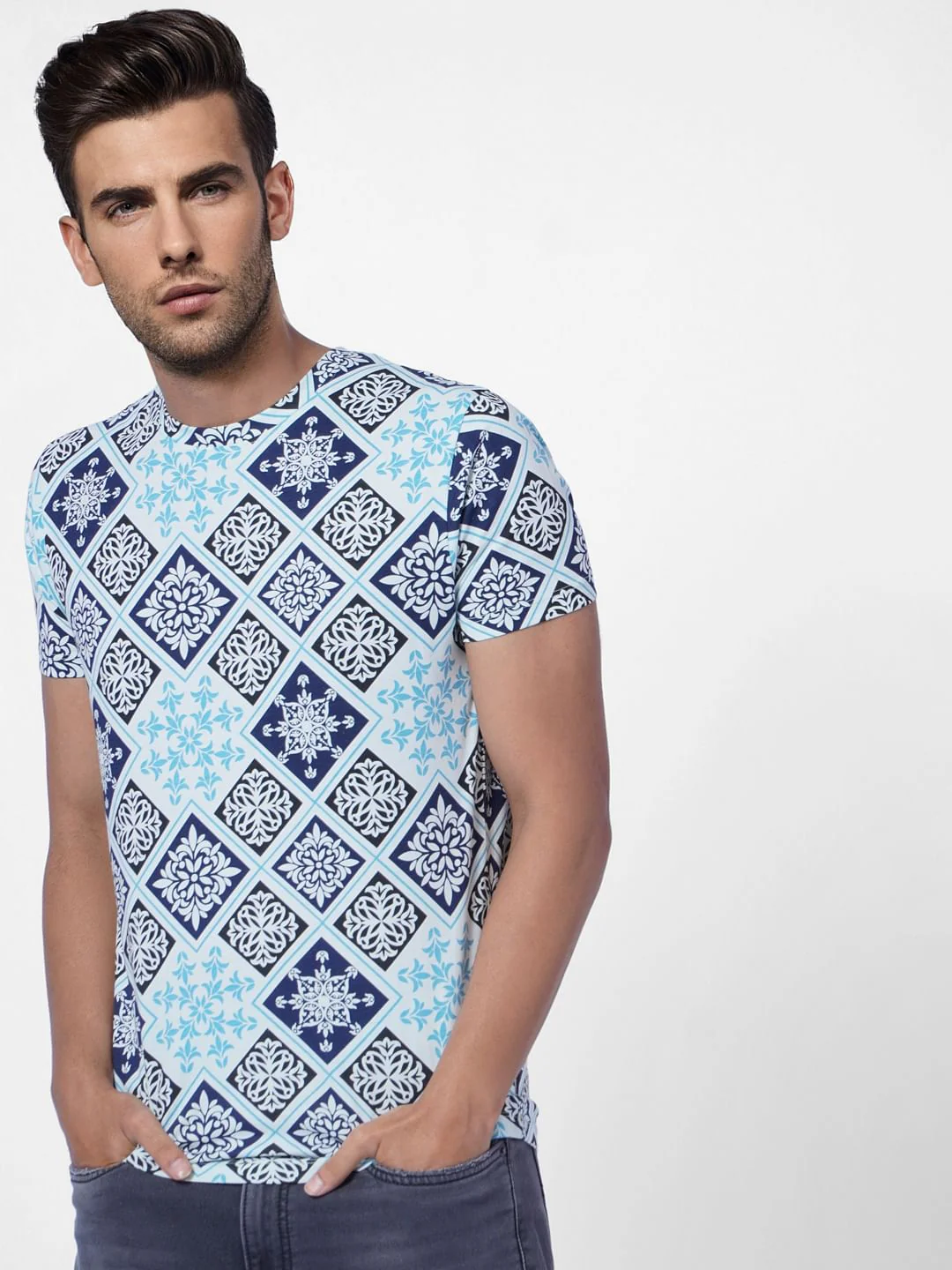Blue Abstract Print Crew Neck T-shirt - Image 2