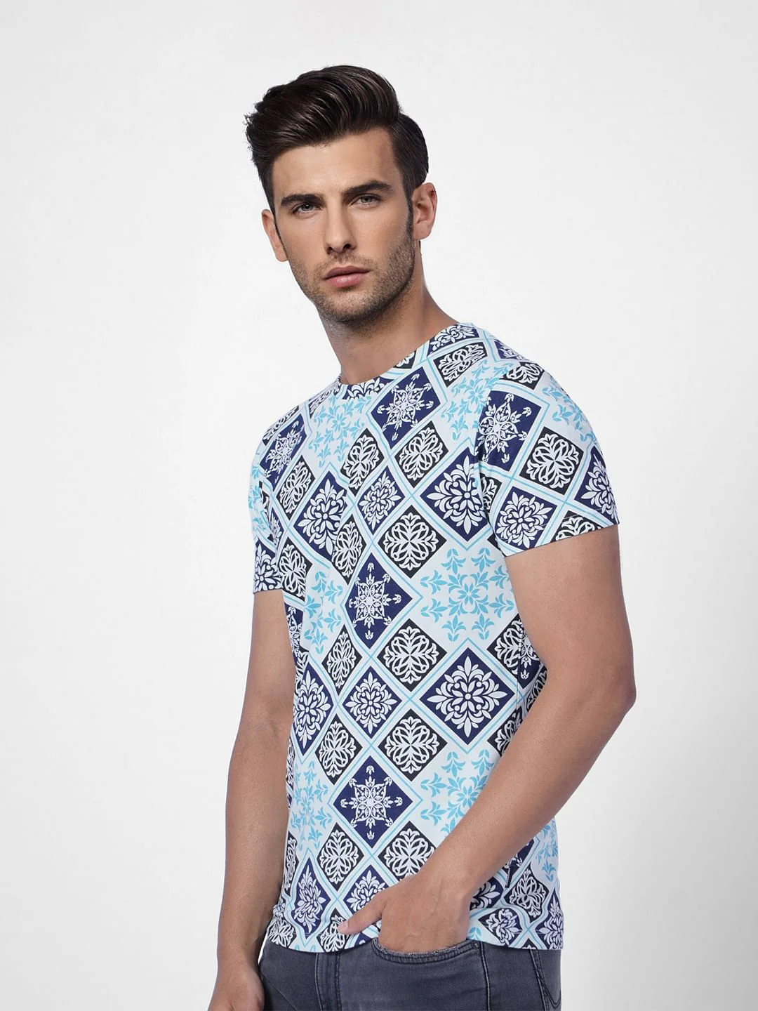 Blue Abstract Print Crew Neck T-shirt - Image 3