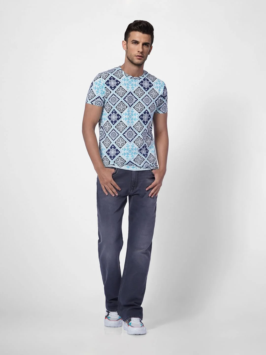 Blue Abstract Print Crew Neck T-shirt - Image 6