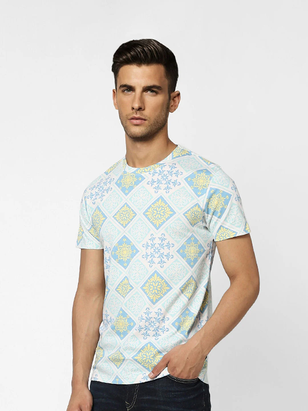 White Abstract Print Crew Neck T-shirt - Image 3
