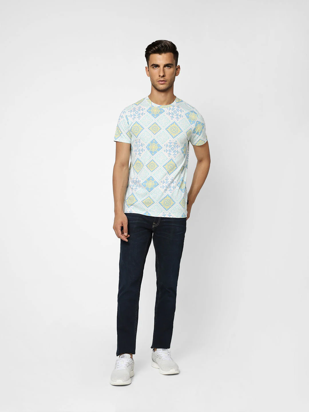 White Abstract Print Crew Neck T-shirt - Image 6