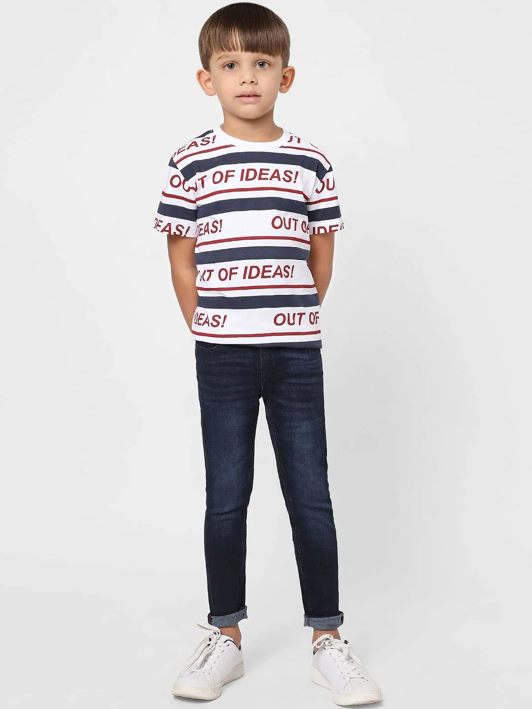 Boys White Striped Crew Neck T-shirt