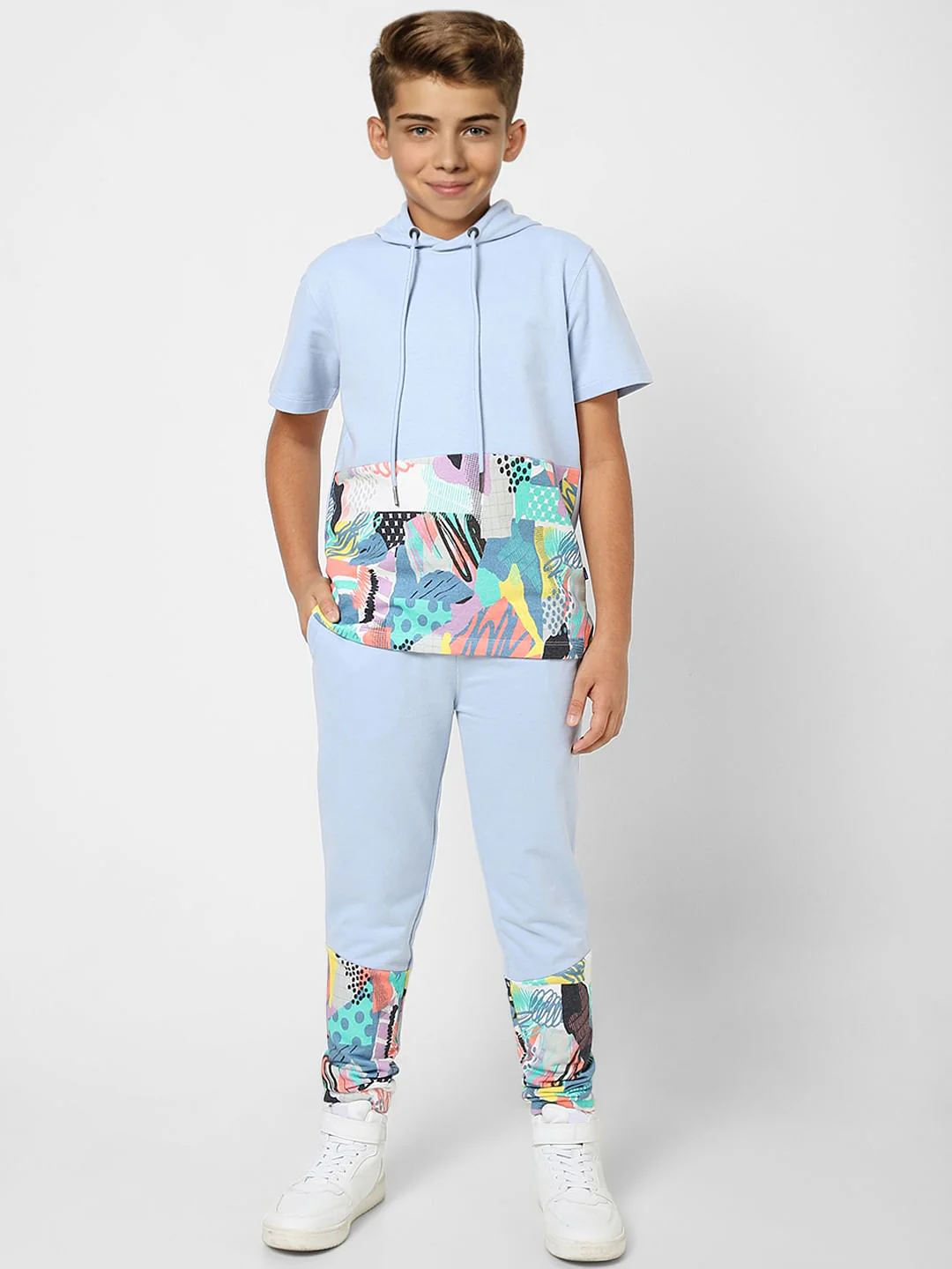 Boys Blue Printed Co-ord Hooded T-shirt