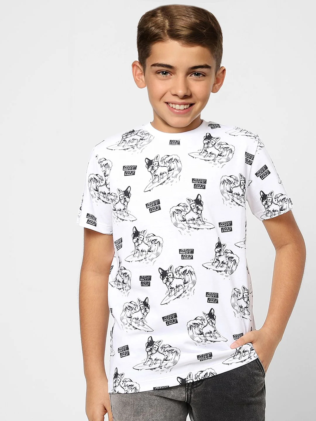 Boys White Printed Crew Neck T-shirt - Image 2