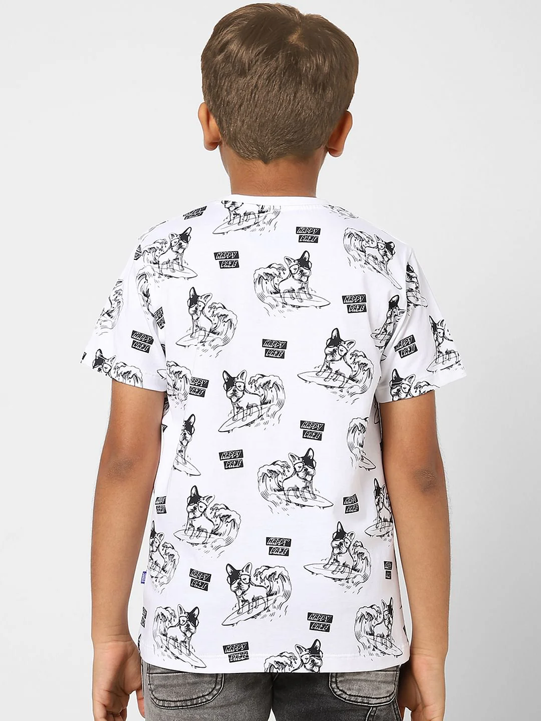 Boys White Printed Crew Neck T-shirt - Image 4