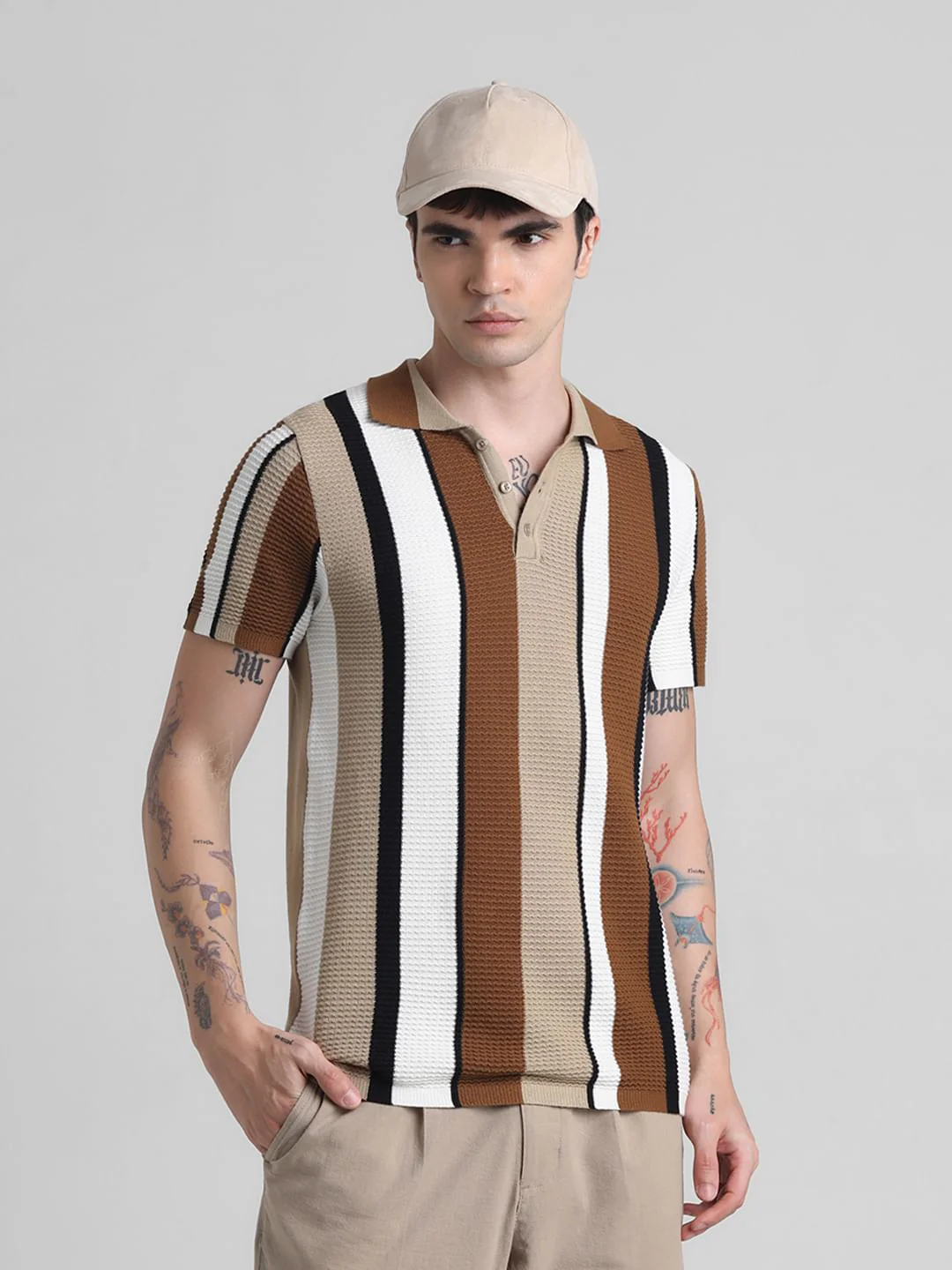 Brown Striped Knitted Polo
