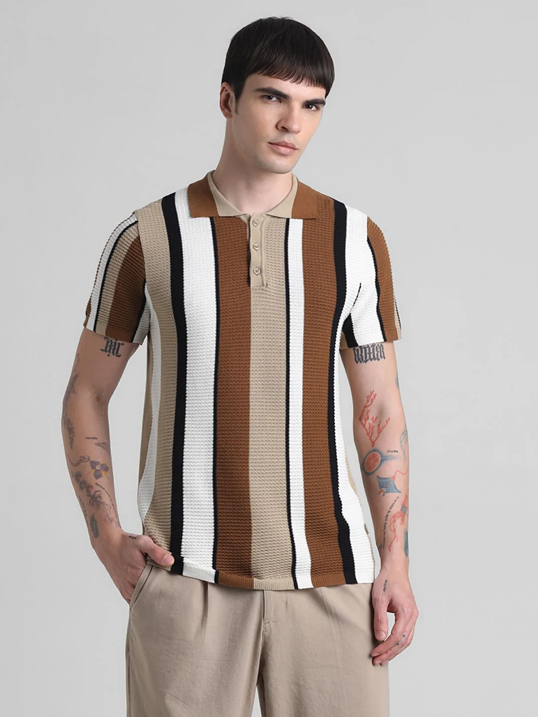Brown Striped Knitted Polo - Image 2