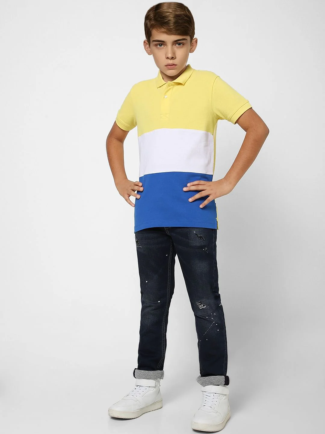 Boys Yellow Colourblocked Polo Neck T-shirt