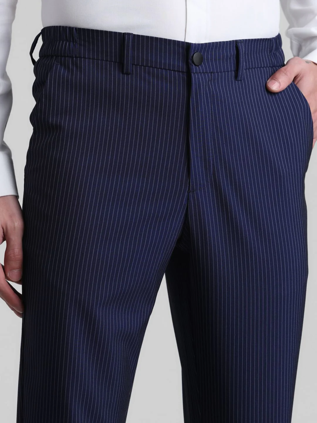 Navy Blue Mid Rise Striped Trousers - Image 4