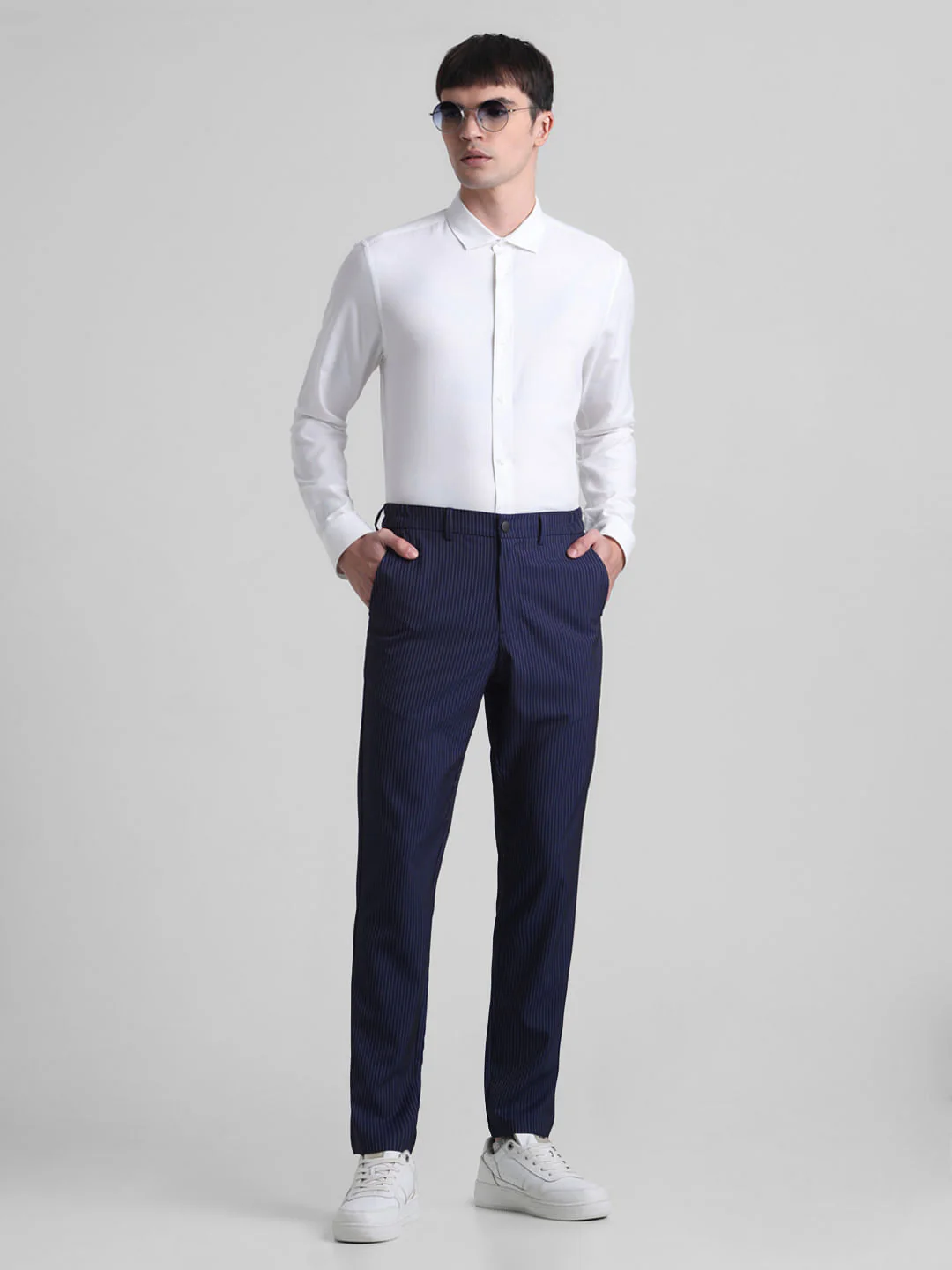 Navy Blue Mid Rise Striped Trousers - Image 5