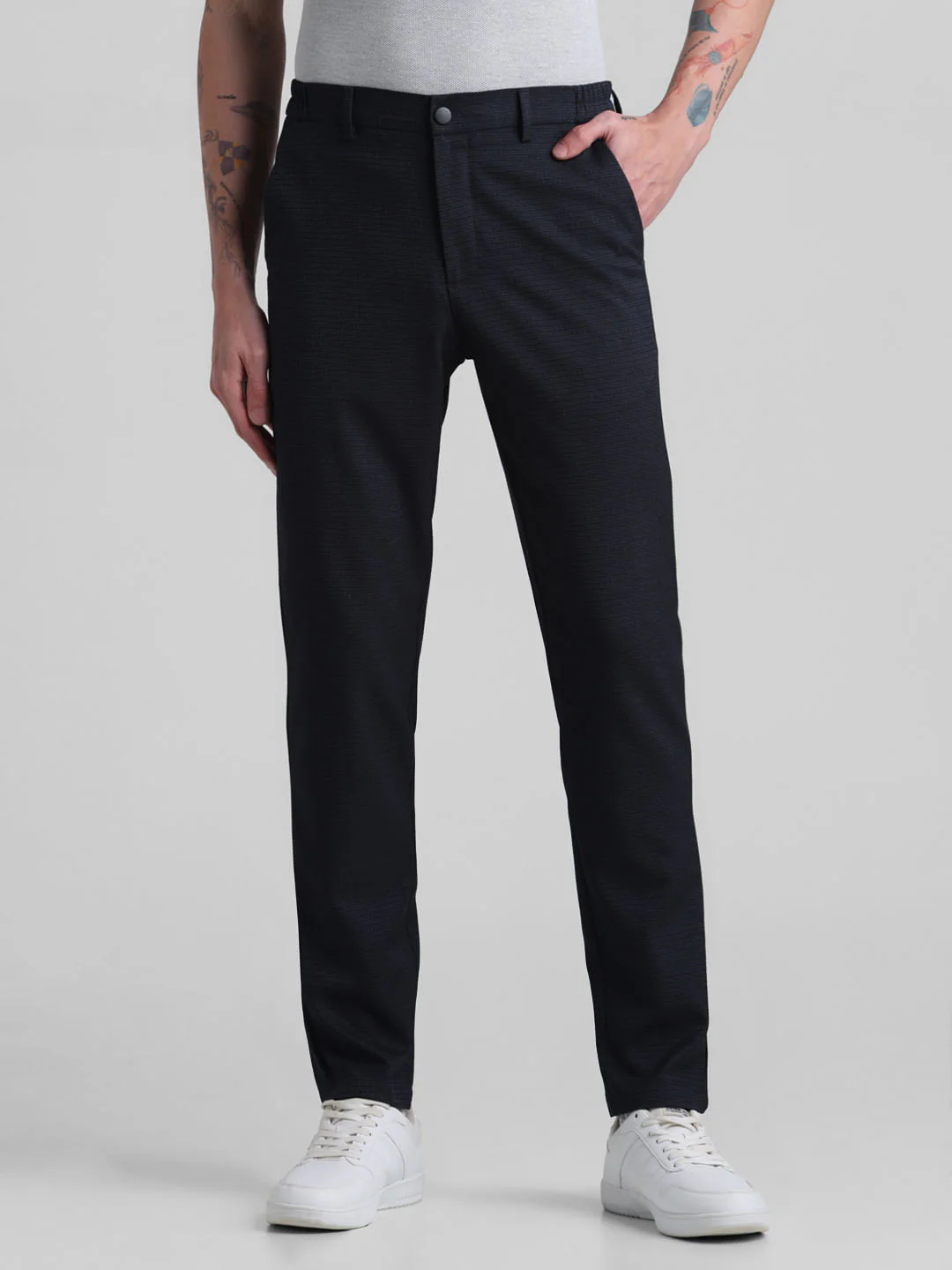 Navy Blue Mid Rise Check Trousers
