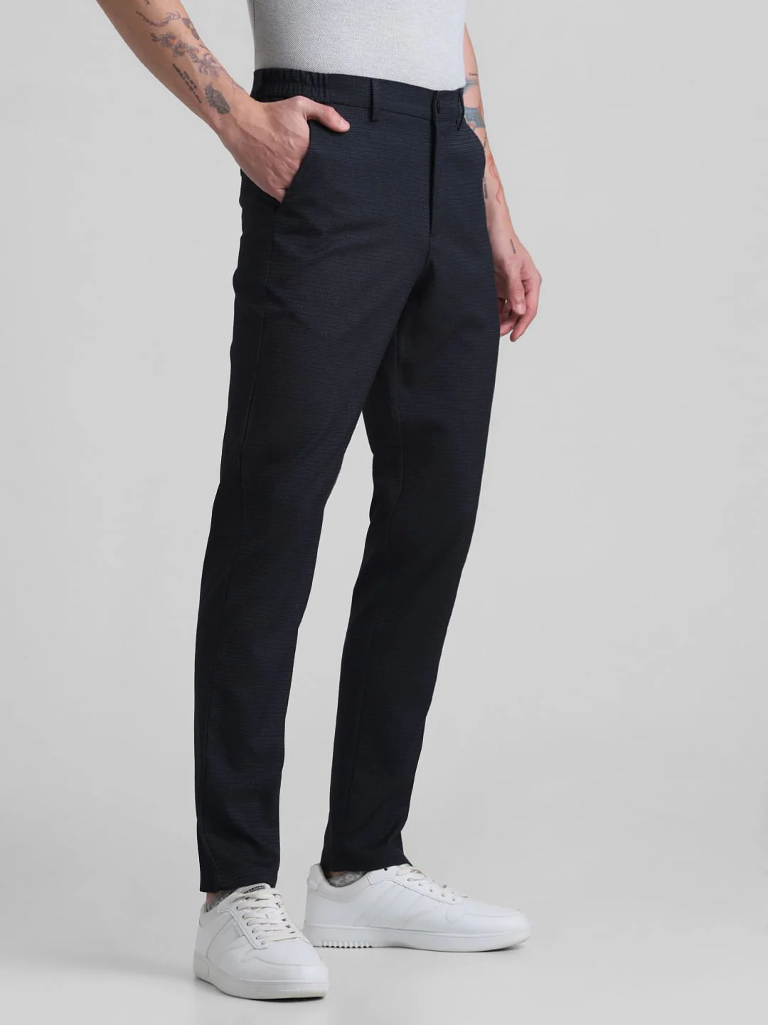 Navy Blue Mid Rise Check Trousers - Image 2