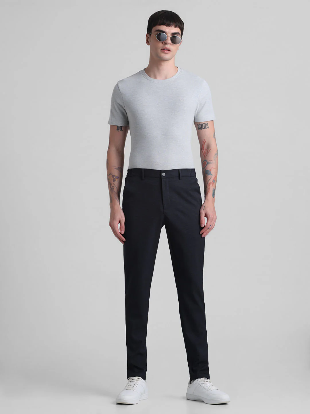 Navy Blue Mid Rise Check Trousers - Image 5