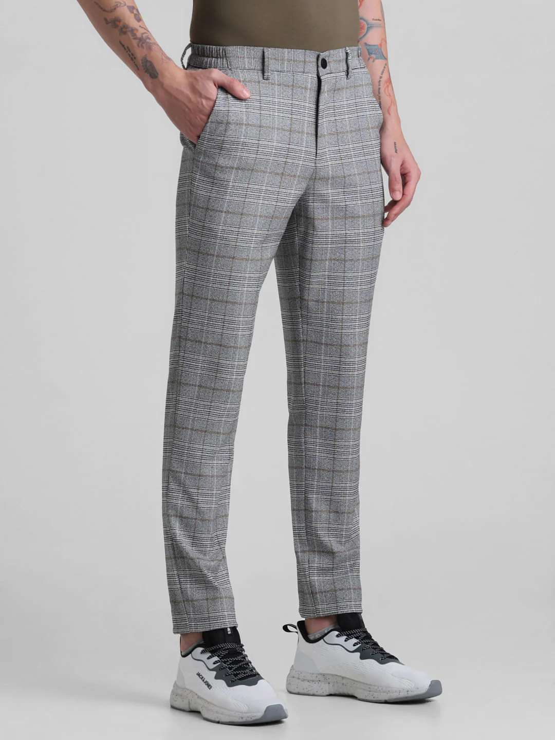 Grey Mid Rise Check Trousers - Image 2