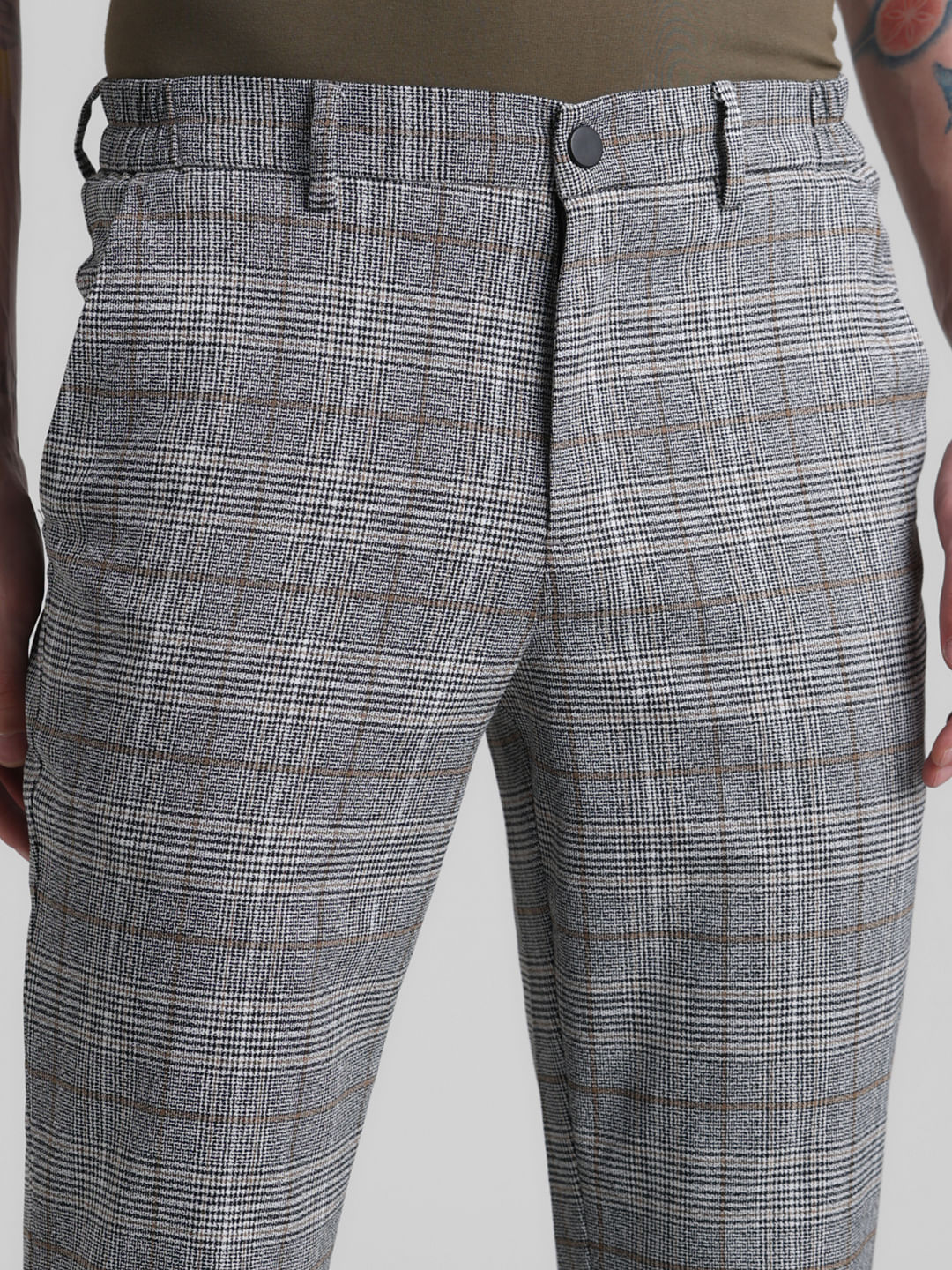 Grey Mid Rise Check Trousers - Image 4