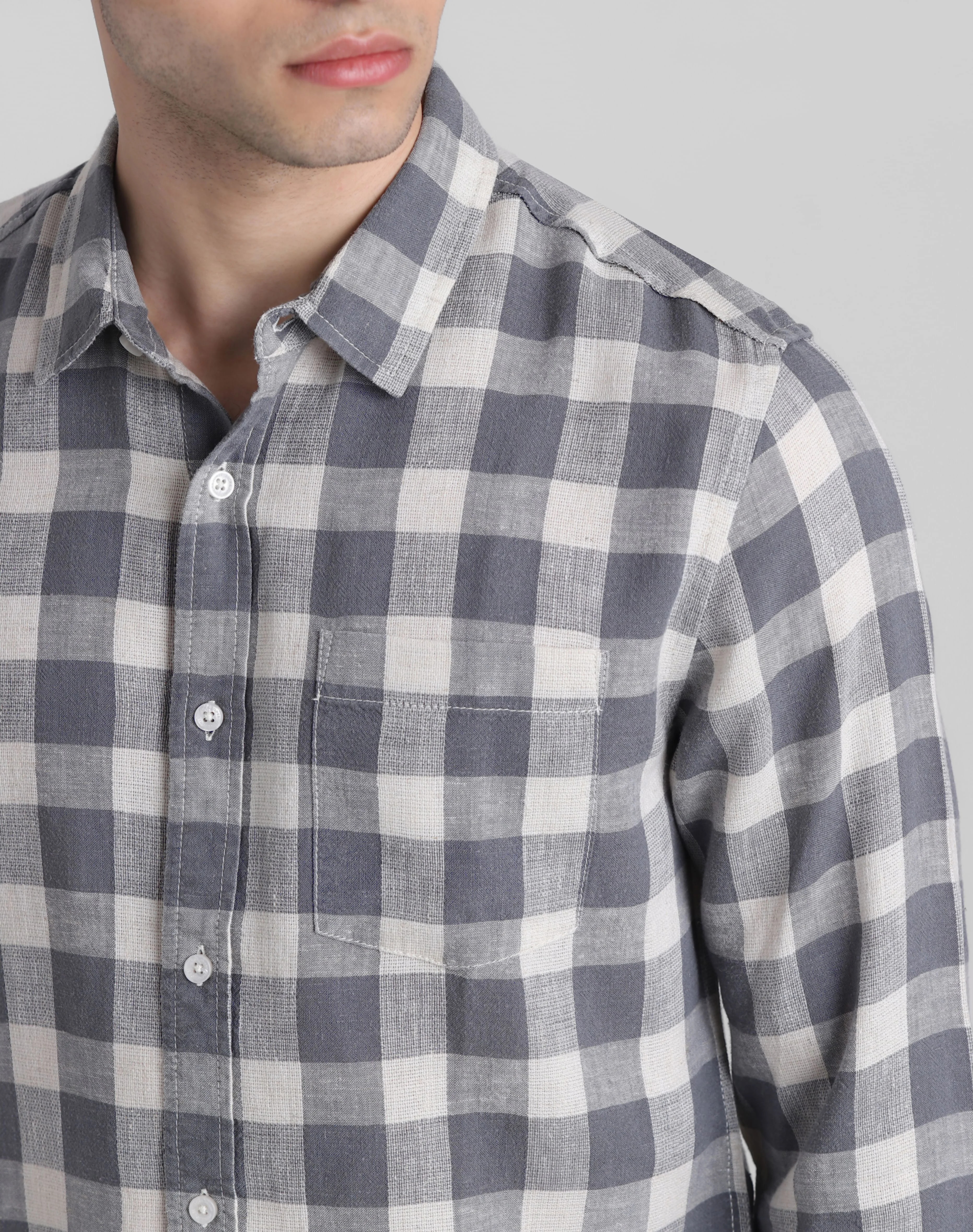 Grey Check Print Full Sleeves Shirt - Image 5
