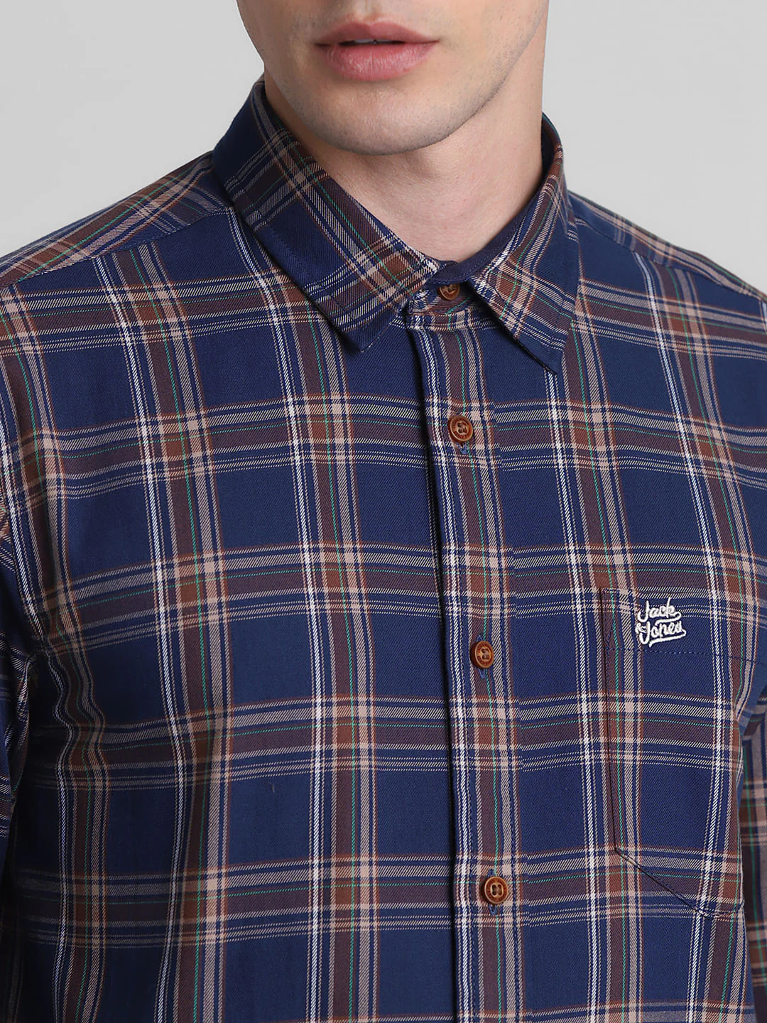 Navy Blue Check Print Full Sleeves Shirt - Image 5