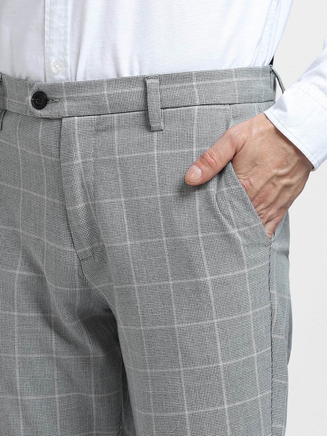 Grey Mid Rise Check Trousers - Image 5