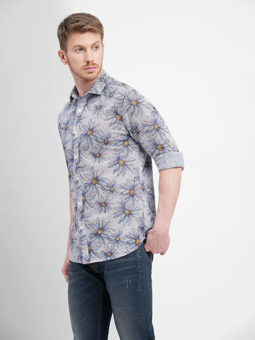 Blue Sunflower Print Full Sleeves Shirt - Image 3