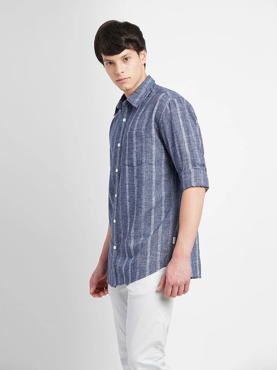 Dark Blue Striped Full Sleeves Shirt - Image 3