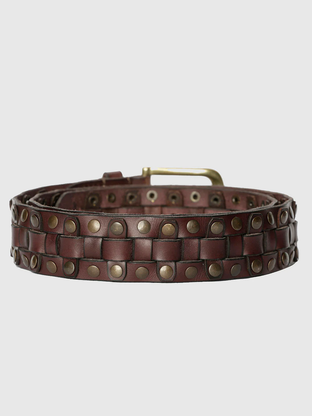 Brown Studded Pleated Leather Belt