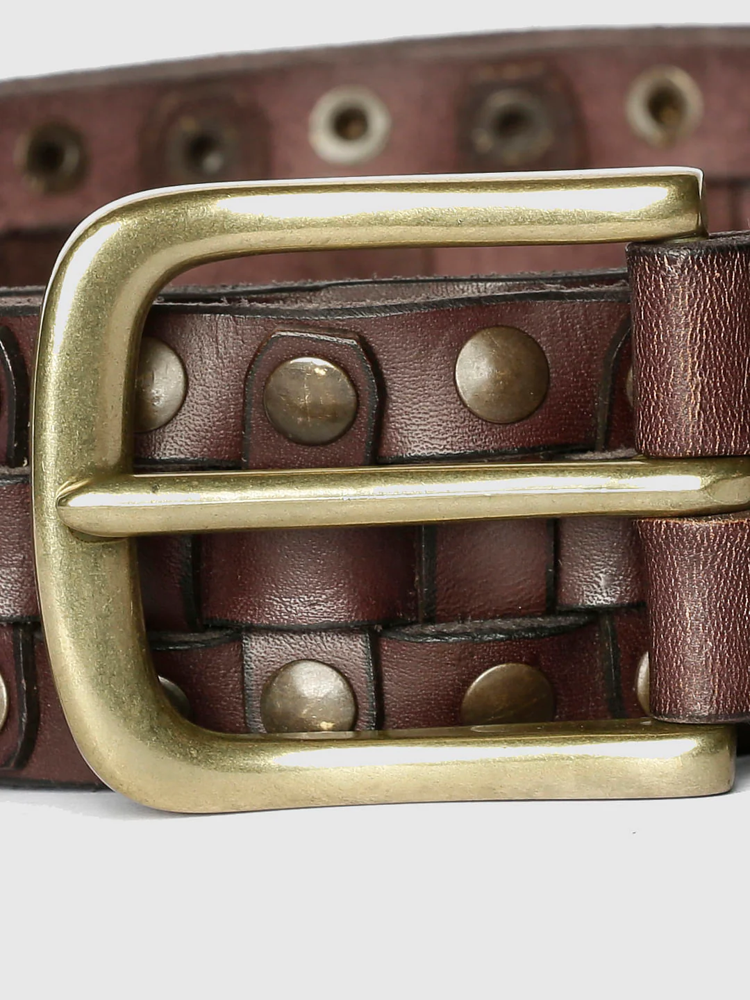 Brown Studded Pleated Leather Belt - Image 3