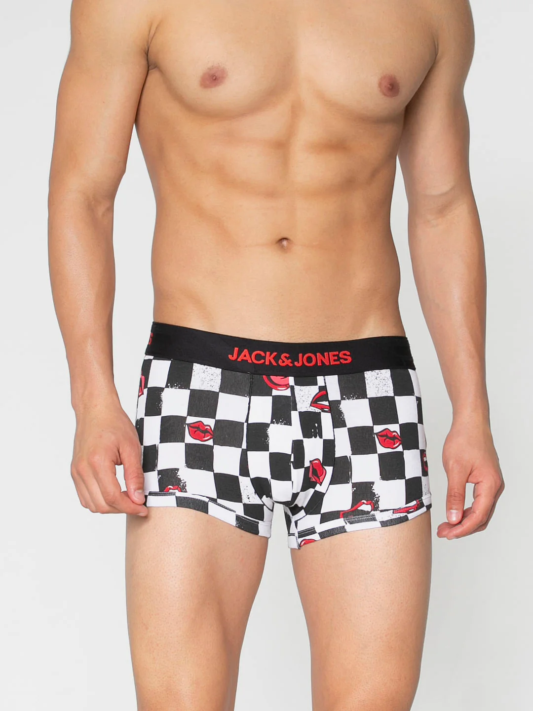 Black All Over Chessboard And Lips Print Brazilian Trunks