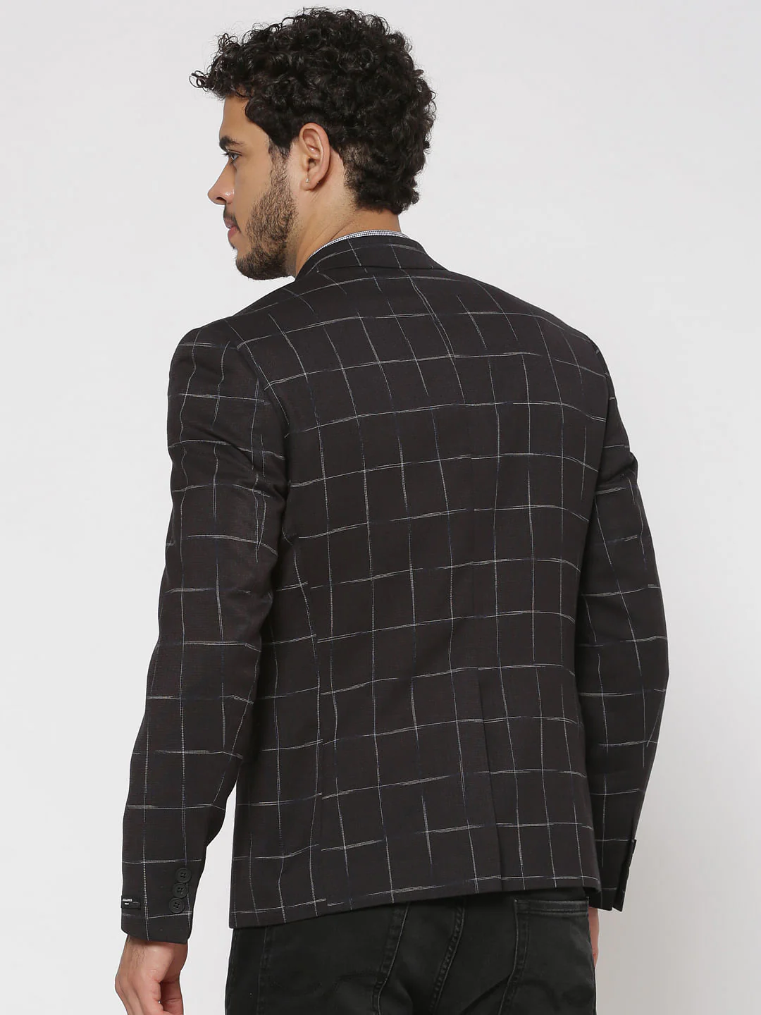 Black Checks Double Button Linen Blazer - Image 3