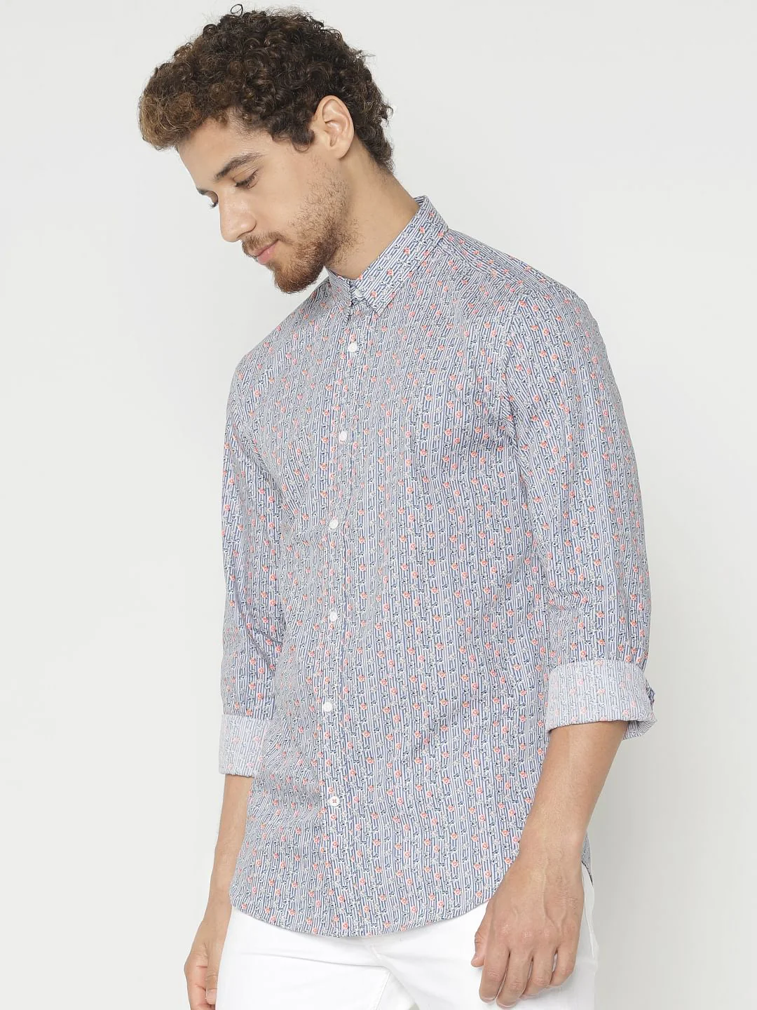 Blue Printed Slim Fit Full Sleeves Shirt - Image 2