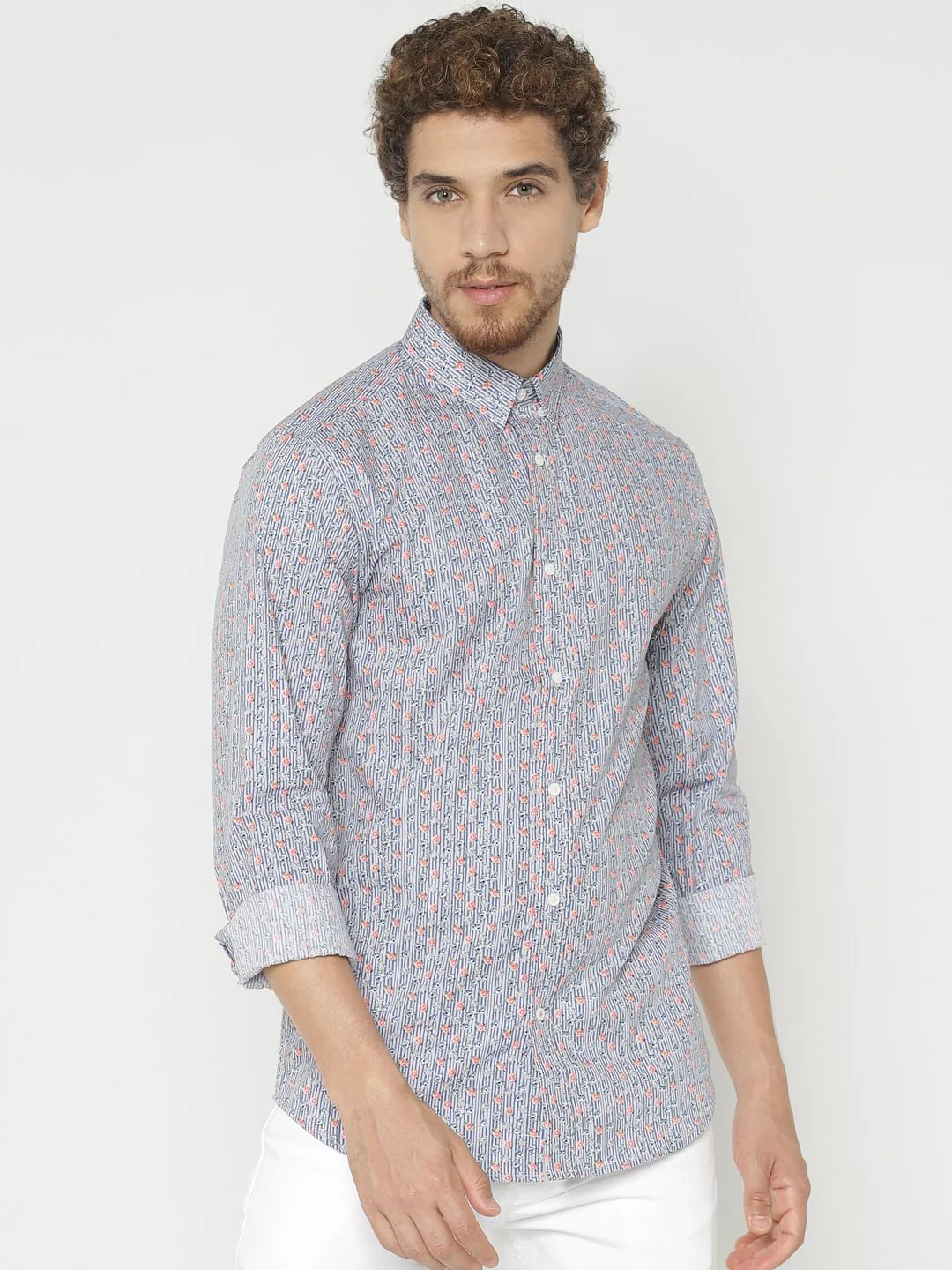 Blue Printed Slim Fit Full Sleeves Shirt - Image 3