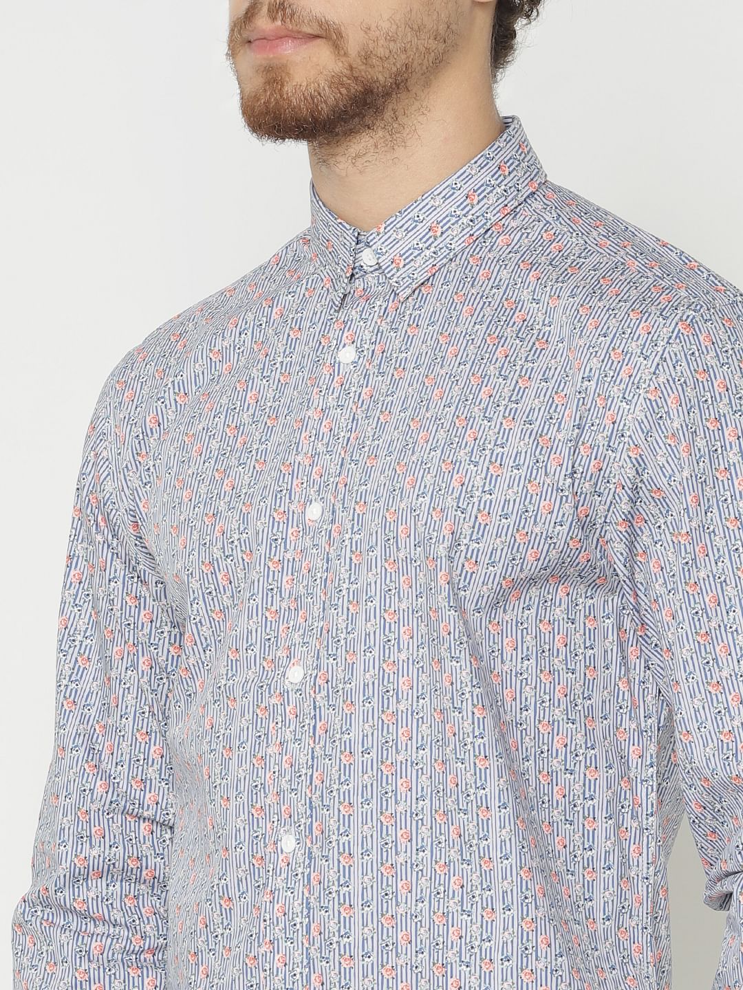 Blue Printed Slim Fit Full Sleeves Shirt - Image 5