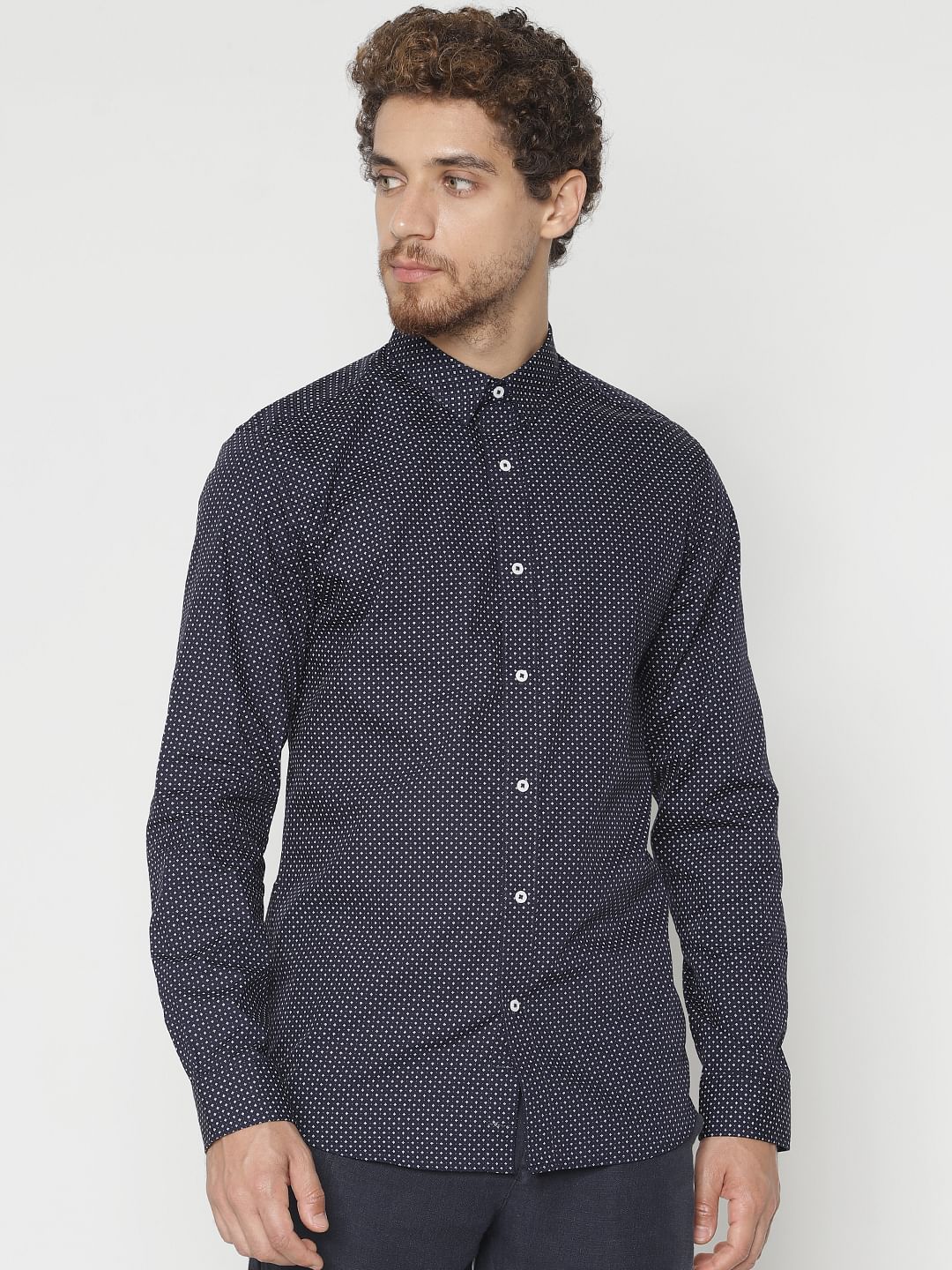 Navy Blue Printed Slim Fit Full Sleeves Shirt